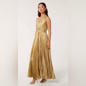 Elegant Gold One-Shoulder Cut Out Pleated Evening Dress/Gown (Size 4)